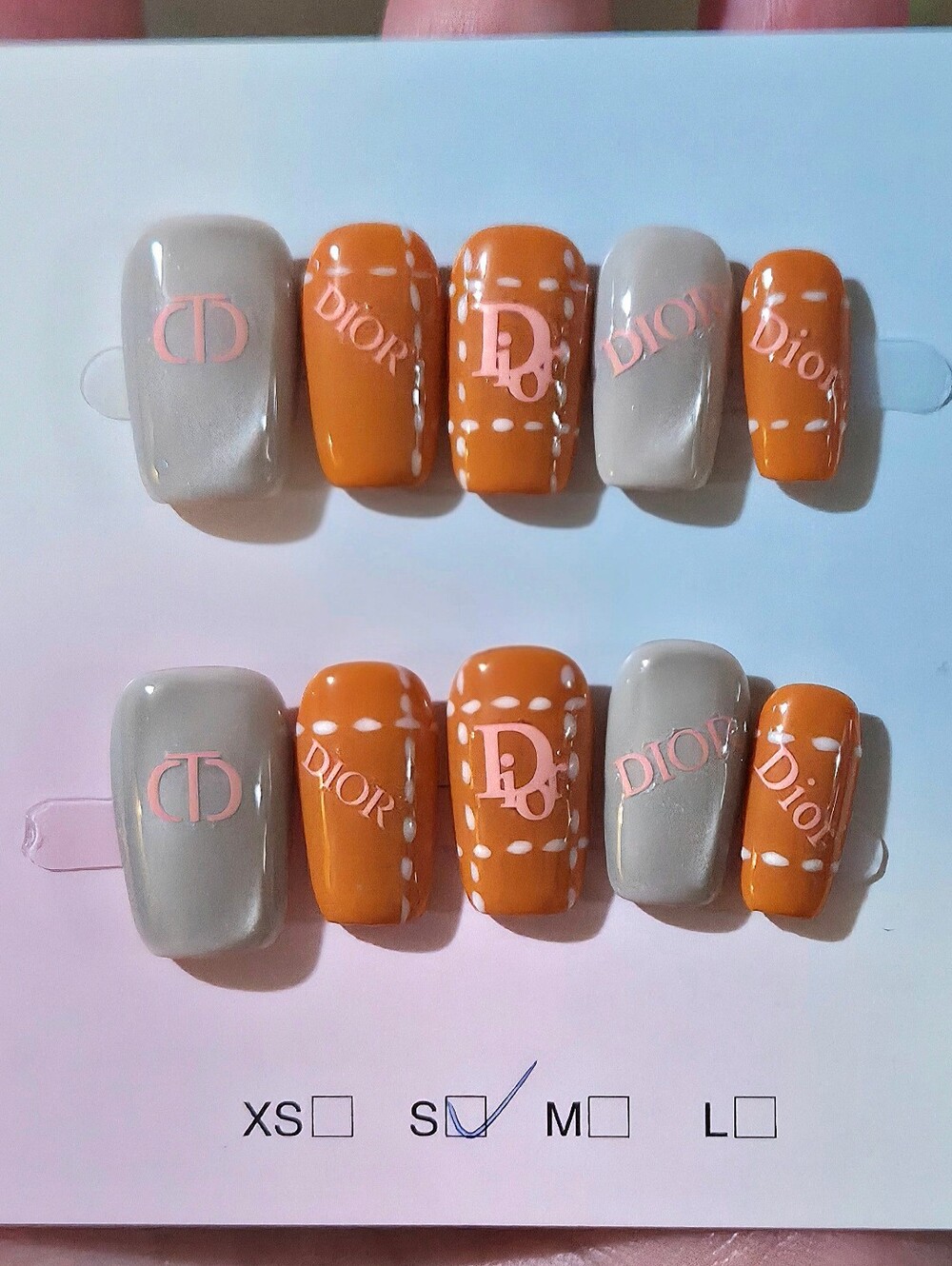 Luxury Orange/Silver Designer Handmade Press On Nails